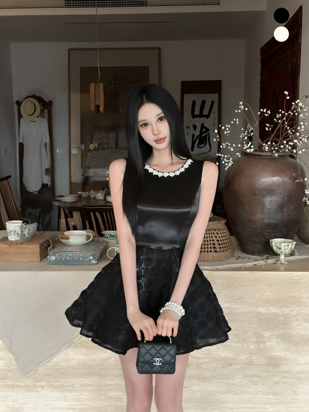 #きれいめ|ネックビジューファブリックデザインスカートミニノースリーブワンピース