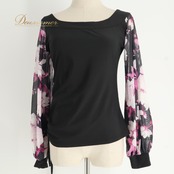 社交ダンス 衣装 トップス ブラウス レッスンウェア ブラック系 チュール チュール袖 透け感 長袖 花柄 植物柄 リボン ギャザー ピンク系 ホワイト系 黒 ピンク 白 シンプル 華やか 鮮やか かわいい おしゃれ 上品 大人っぽい レディース ダンス 練習 レッスン 練習着 ダンス衣装