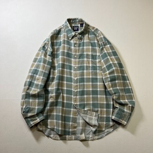 90s OLD GAP　BD　プリントネルシャツ　長袖シャツ　オールドギャップ　ライトグリーン　XL 古着