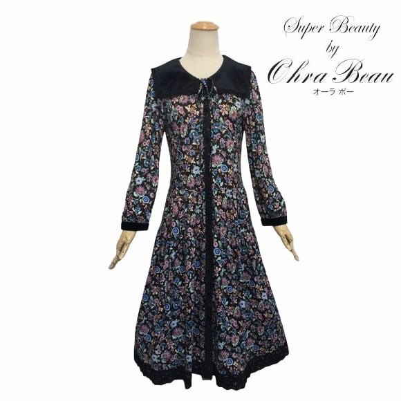 新品】スーパービューティーフロッキープリントベロア切替ワンピース44