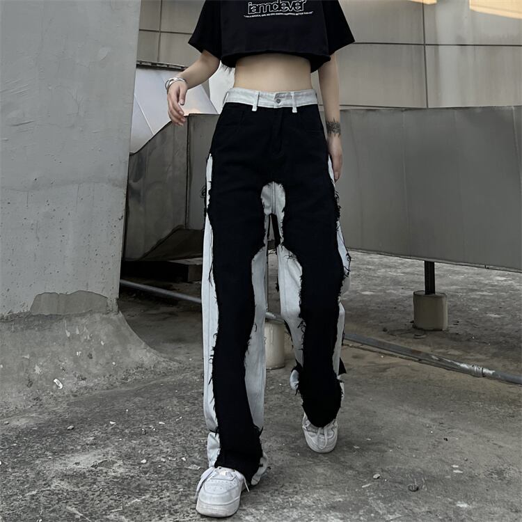 リメイク風 切替 デニム パンツ ジーンズ 韓国 ストリート系 Y2K 