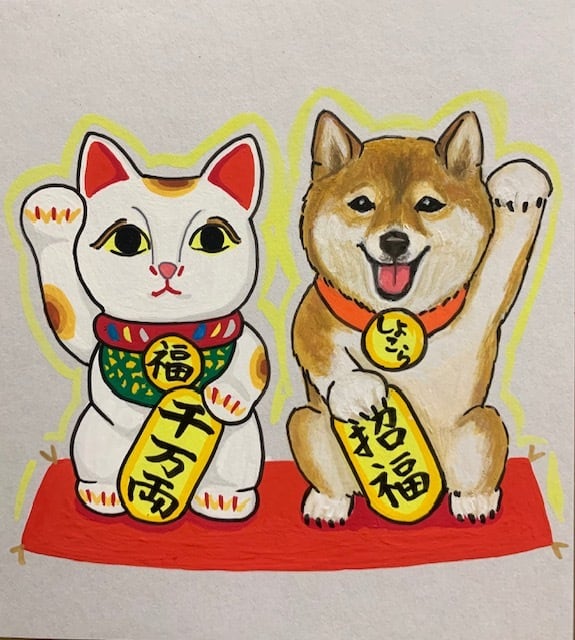 デザイン限定【招き猫と招き犬・小】ミニ色紙ワンコ似顔絵 | shiicoro