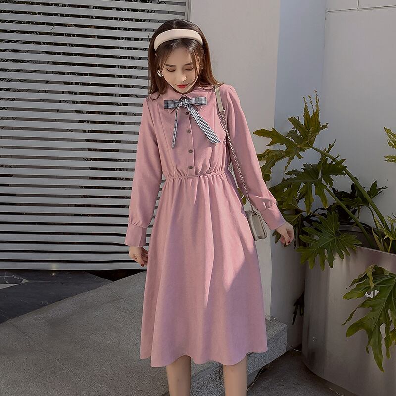【新作】【送料無料】 マタニティドレス2020春秋新コーデュロイネックボウノットドレスミドル丈ファッション母乳育児スカート-アリババ リボン スプリング 春物 オータム 秋物 expec289771146552