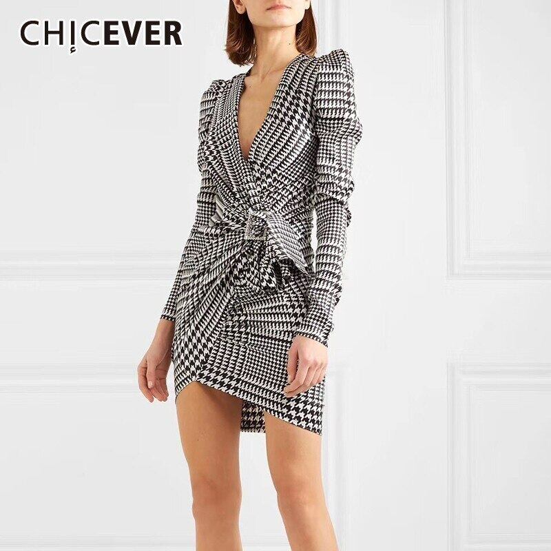 CHICEVERチェック柄プリントワンピースレディースVネックハーフスリーブウエストスリムミニワンピース2020年夏タイド 半袖 サマー 夏物 ドレス 6base549847362471