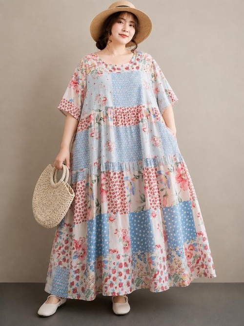 新品大きいサイズゆったり花柄ワンピース半袖ロング体型カバー春夏マキシフレア楽ちん