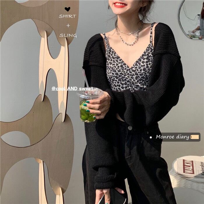 ブラックセーター スプリングスタンダードVネックコート ルーズショートトップス ロング レトロ 春物 モンロー85827930387