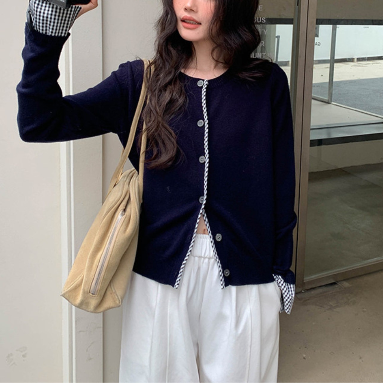 panel-check cardigan　J00440