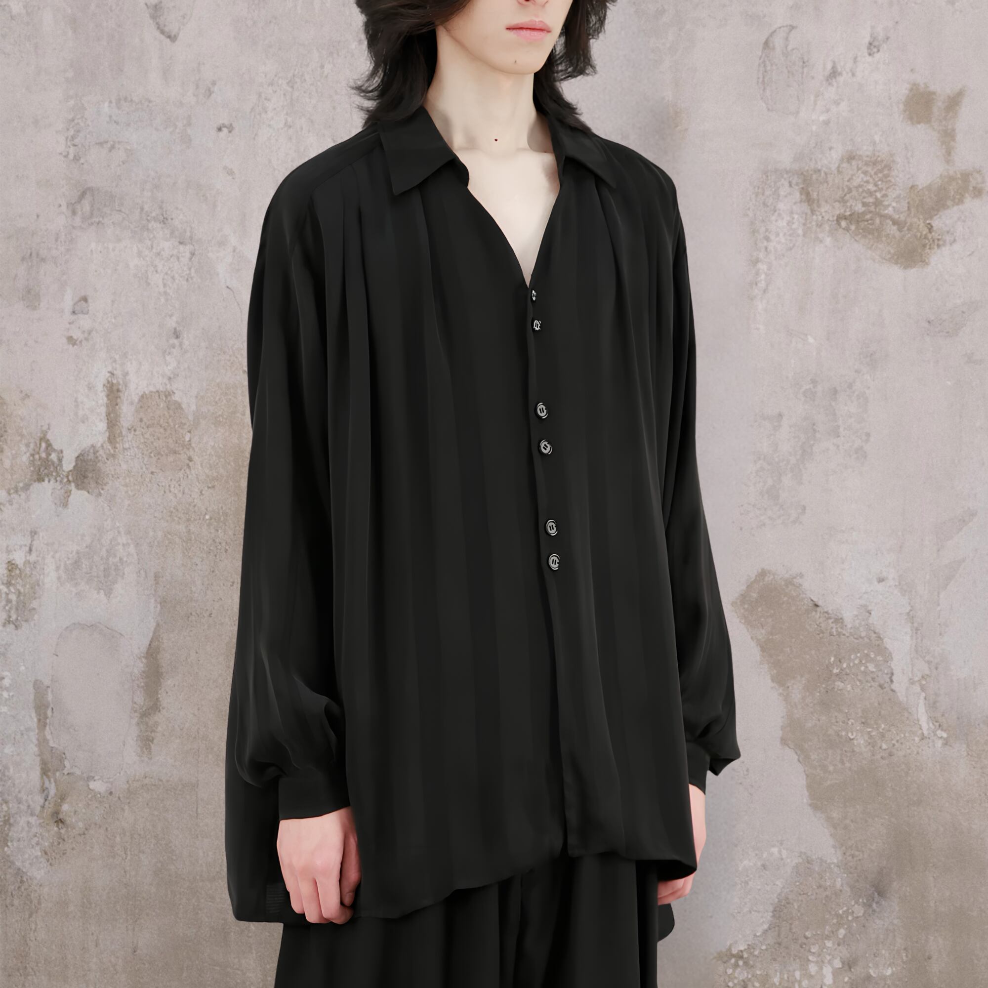 【ORV0072】Cupro V-Neck Long-Sleeve Shirt, Loose Fit