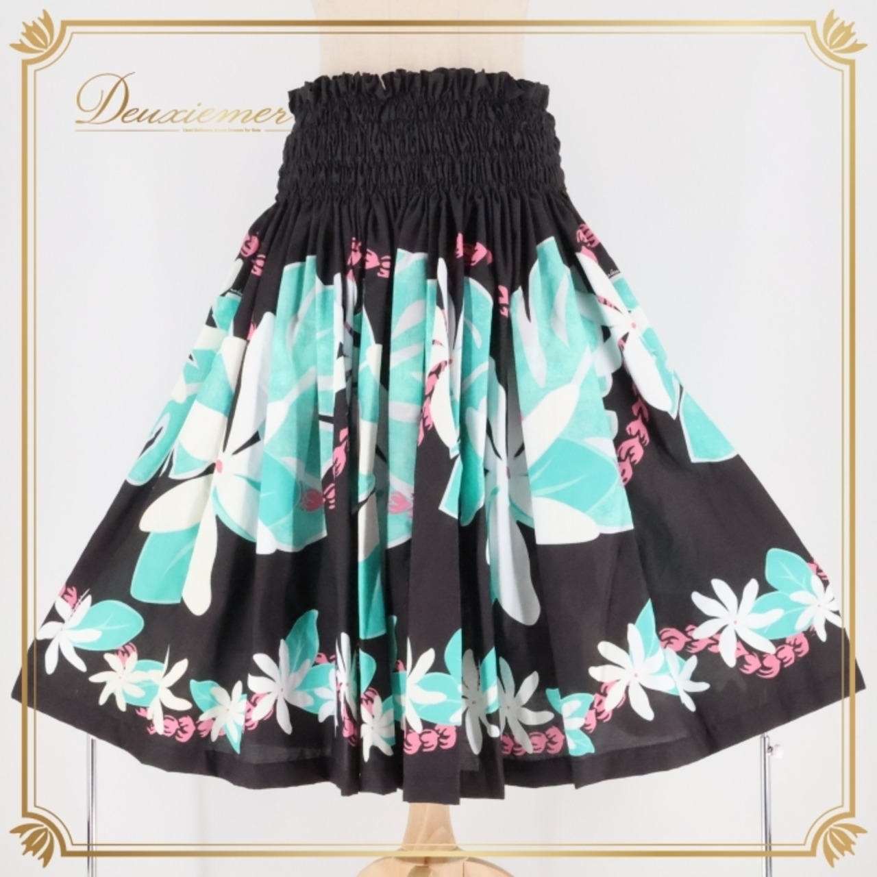 フラダンス 衣装 パウスカート エムエムジェイ ブラック系 MMJ 日本製 ティアレ柄 シングル かわいい 華やか 鮮やか きれい 大人っぽい シンプル 黒 白 水色 ピンク ハワイアン アロハ ハワイアンプリント フラ ダンス レッスン 練習 おしゃれ