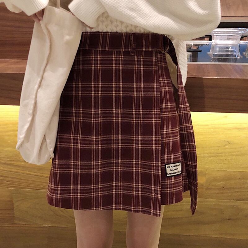 スプリングスカート ショートレッド格子柄ハイウェストウェストAライン 春物 試着室55570753174