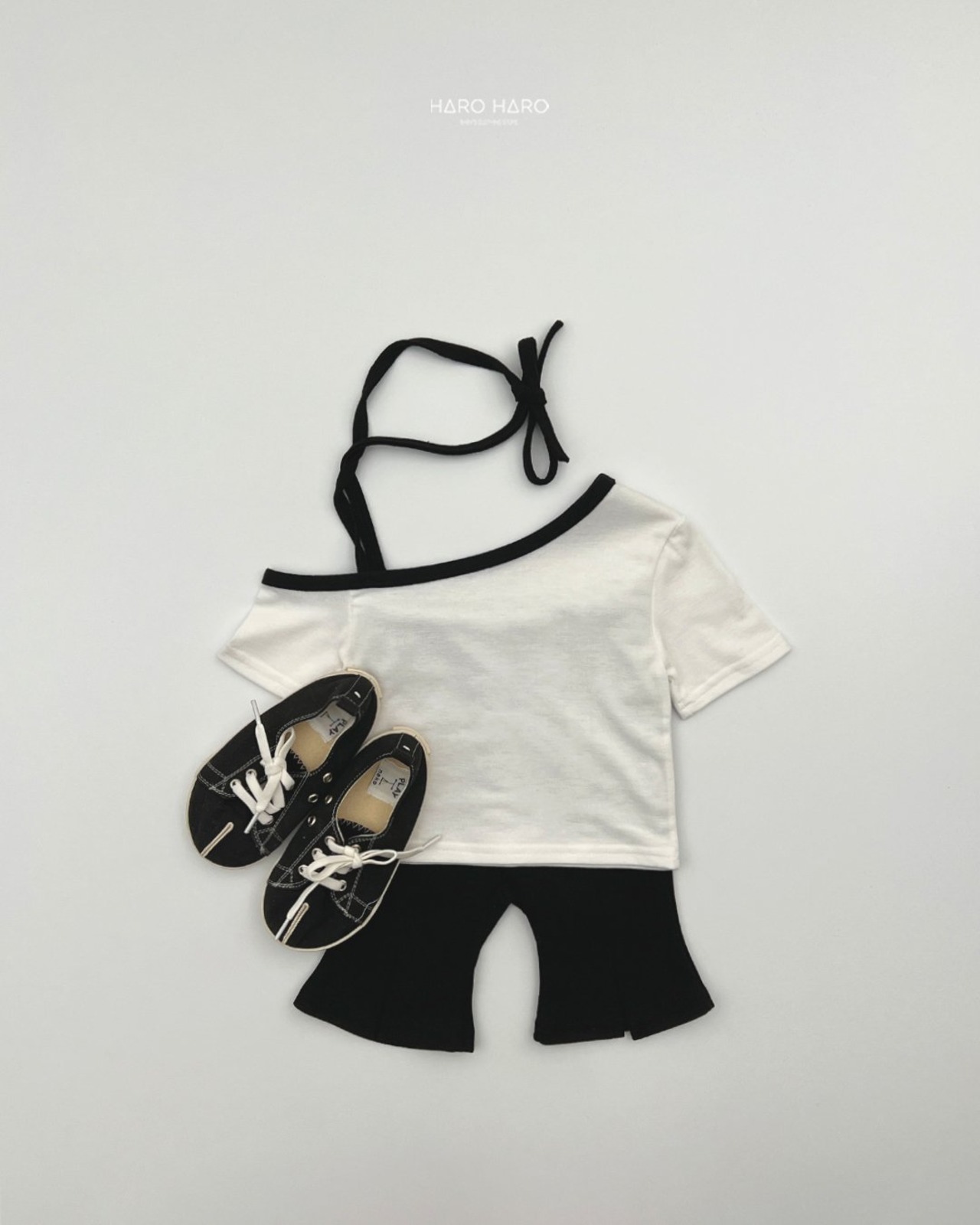 [HARO HARO] Ribbon Asymmetrical Shoulder Top / [하로하로] 리본언발숄더티