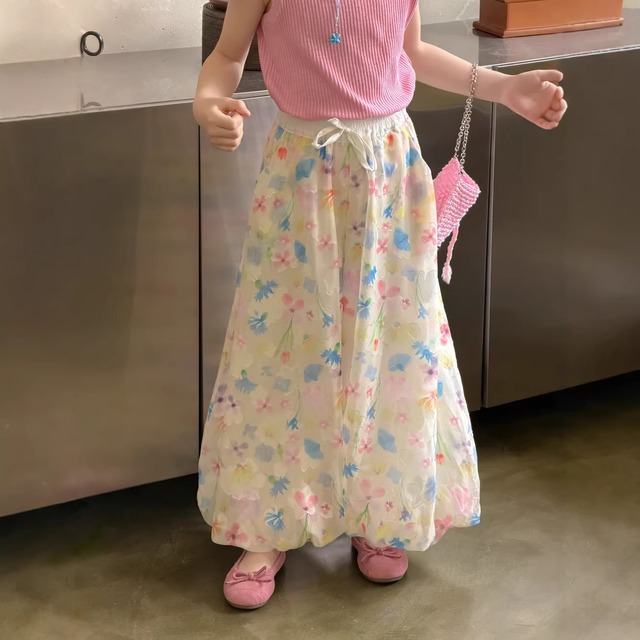 【KID】フラワー総柄ウエストリボンワイドロングパンツ - 3
