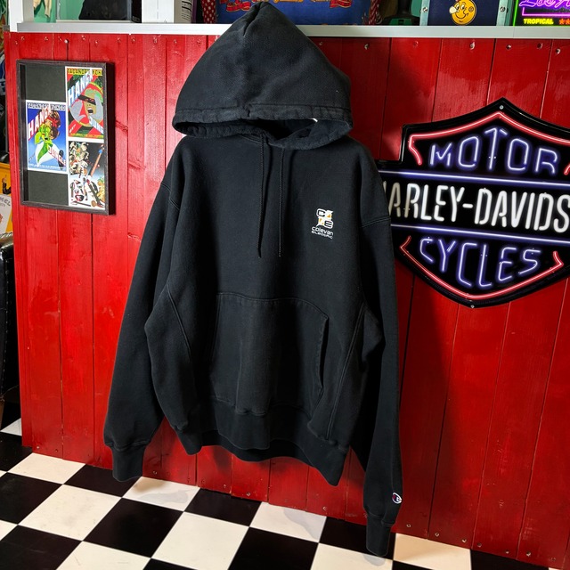 00s Champion / PREMIUM REVERSE WEAVE / 刺繍ロゴ / ブラックパーカー / オーバーサイズ / 企業ロゴ