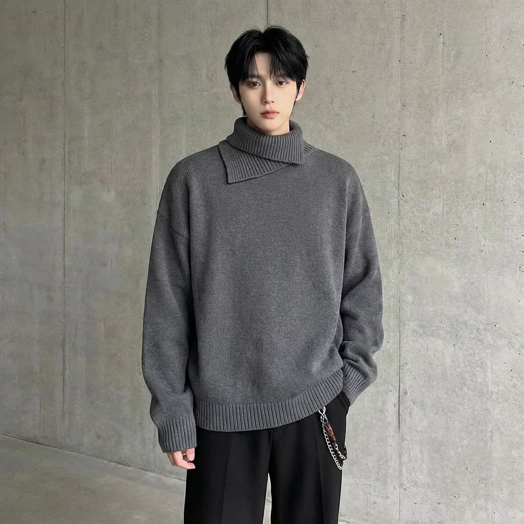 アシンメトリーネック オーバーサイズタートルネックニット 4カラー D12174