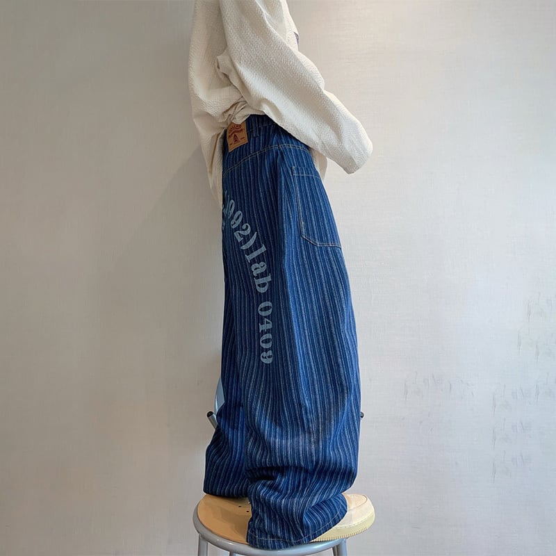dannyandzee後ろプリントストライプデニムパンツ | mblueshop