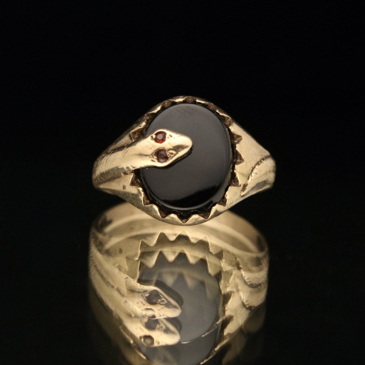 Vintage Signet Snake Ring [Made in ENGLAND] [375 9ct Gold Onyx Round ...