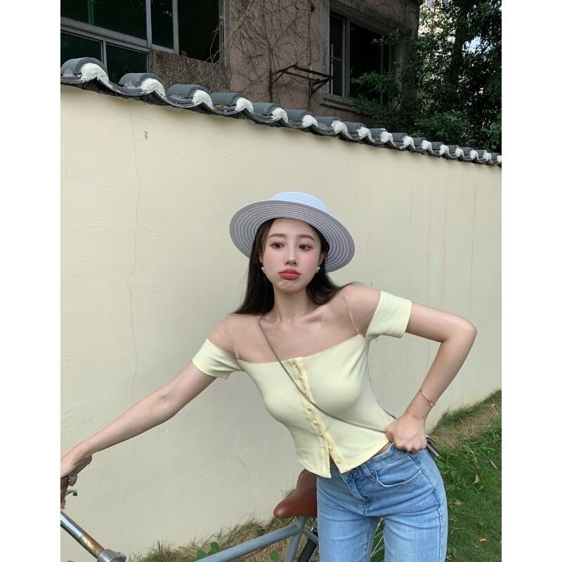 メッシュニットTシャツ サマー薄手ショートトップス 夏物 ステッチ ブラックストロベリース79133321755