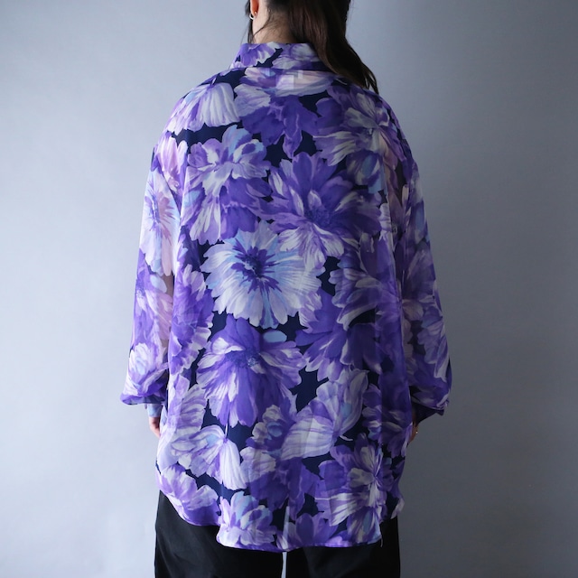 violet beautiful flower art pattern over silhouette see-through shirt