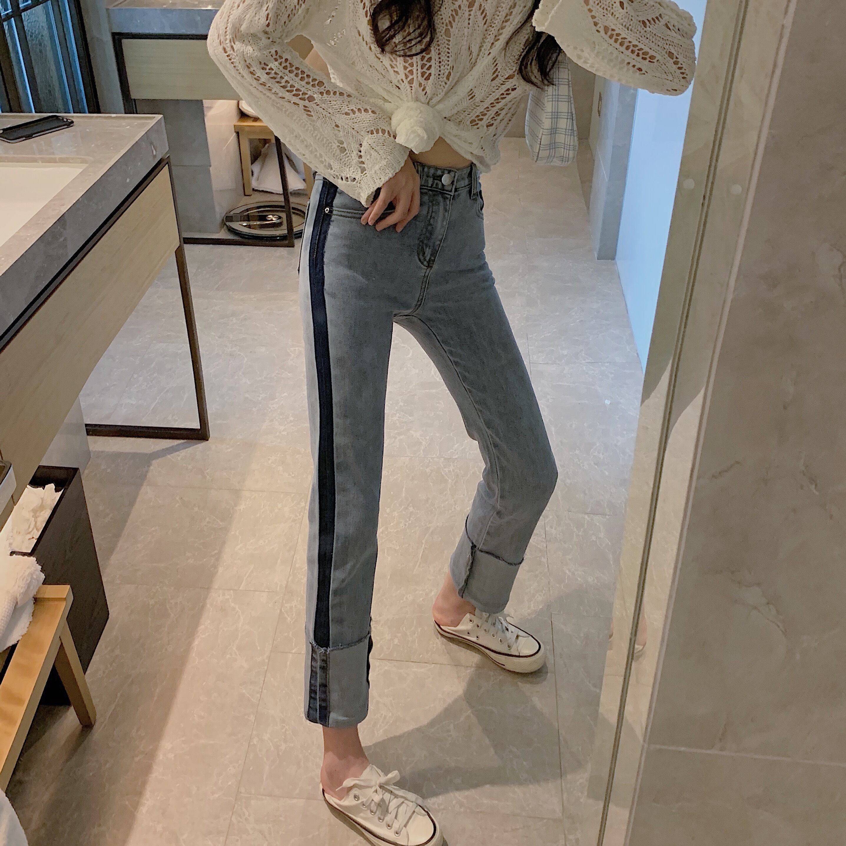 スタンダードサイドジーンズ ハイウェストウェスト薄手パンツ レトロ ガールズファッション41979632163