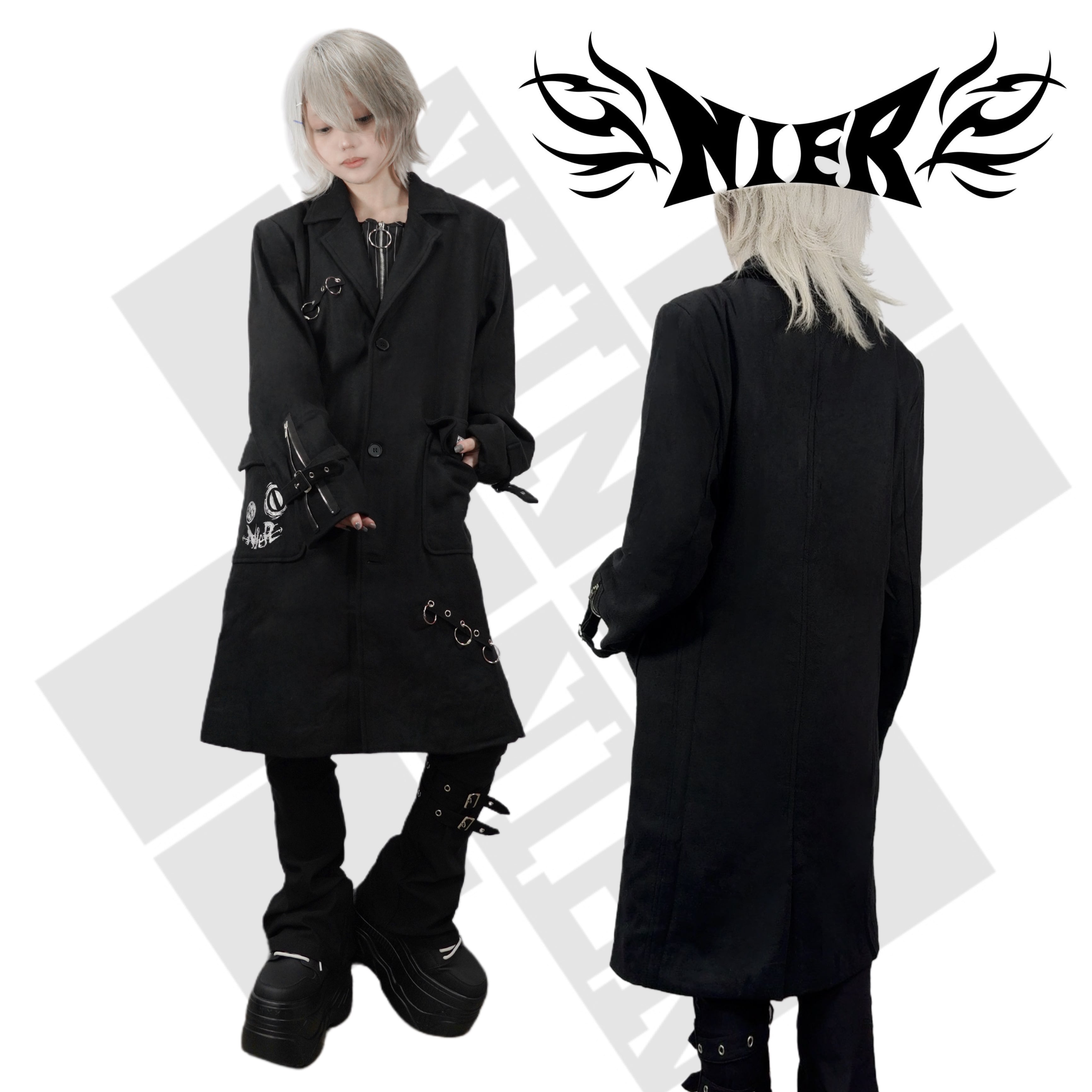 リングベルト装飾付きロングテーラードBLACKコート | NIER CLOTHING