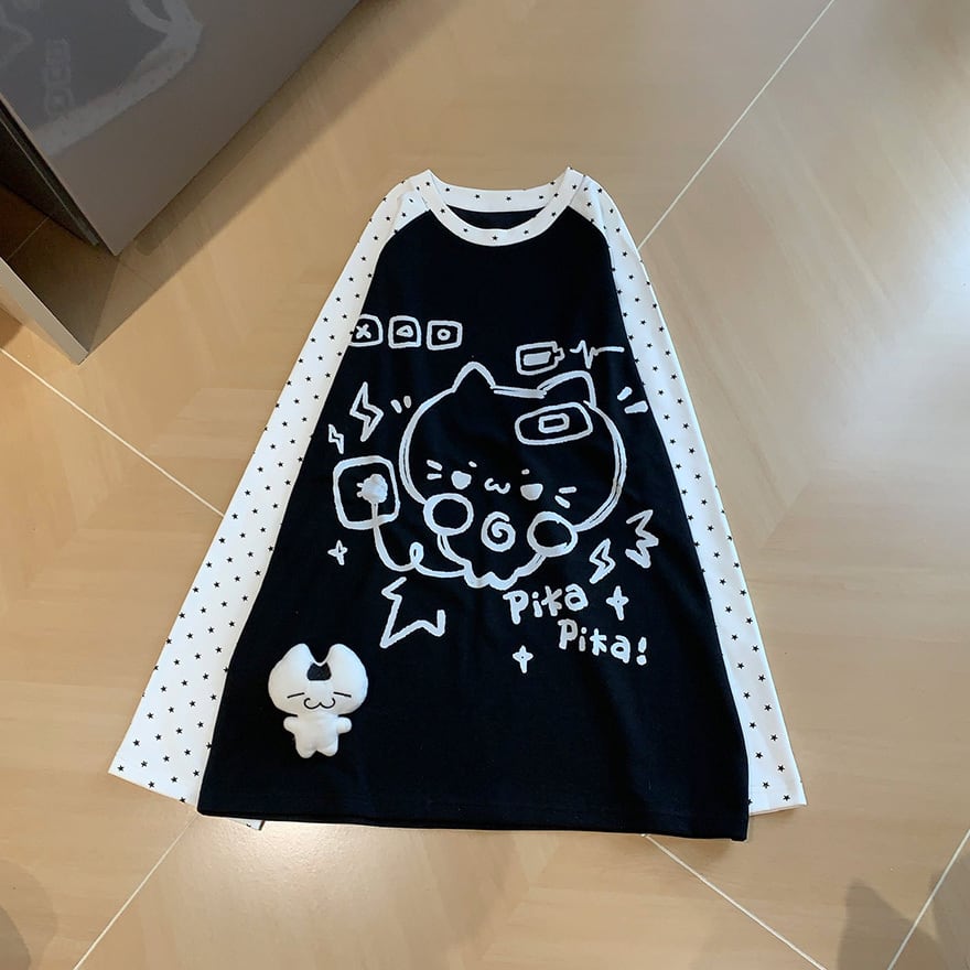 メンヘラ ゆるっと着られる 黒白猫プリントラグランTシャツ