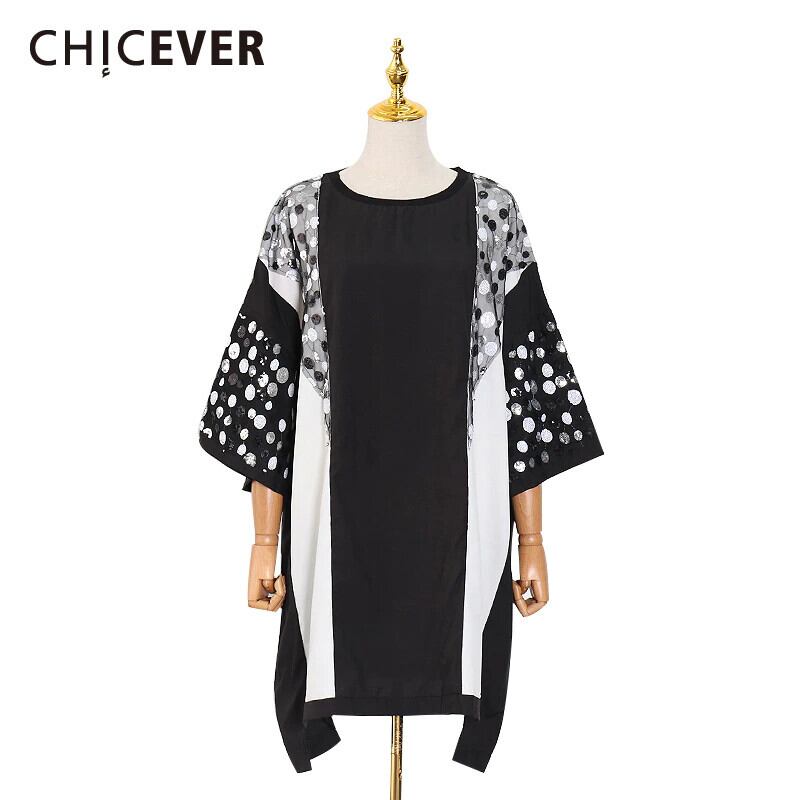 CHICEVER春パッチワークスパンコールレディースドレスOネック半袖ルーズスリム不規則な裾膝丈ドレス2020タイド ショート ハーフスリーブ スプリング 春物 6base544539267992