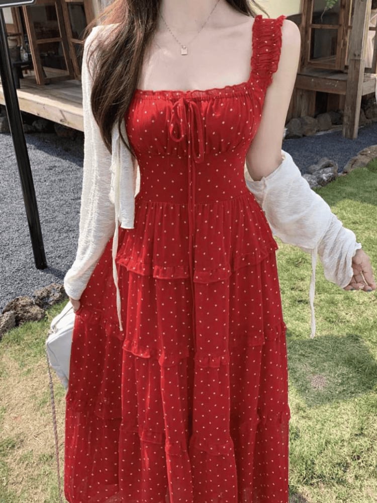 ドットティアードキャミワンピース ロング丈 シャーリング 着痩せ 体型カバー 大きいサイズ 韓国 CH11666