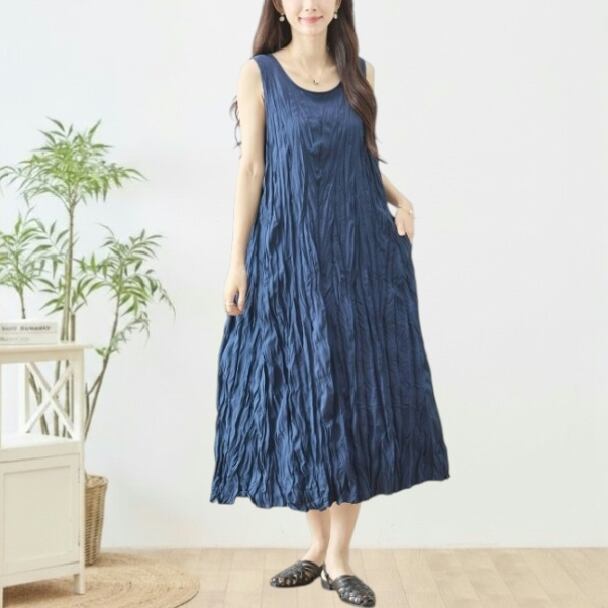 ワンピース ワッシャー ノースリーブ マキシ N82-749 TRUBE M L ネイビー fmsd 上品 ゆったり 体型カバー きれいめ ミセス 春夏
