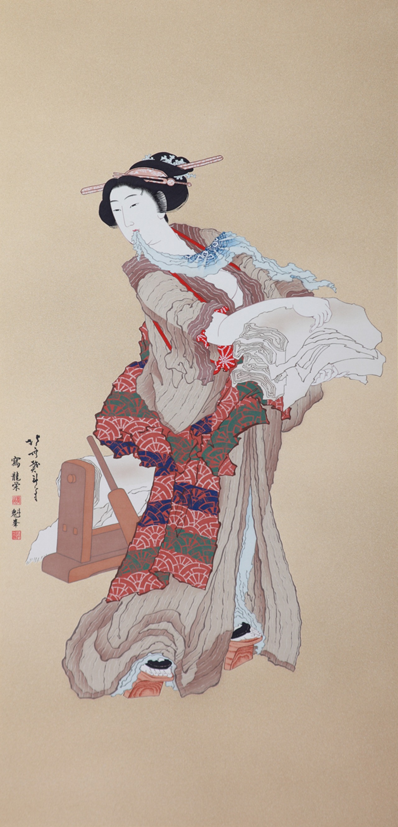 友禅浮世絵屏風 『北斎六美人競べ』（二曲一隻）