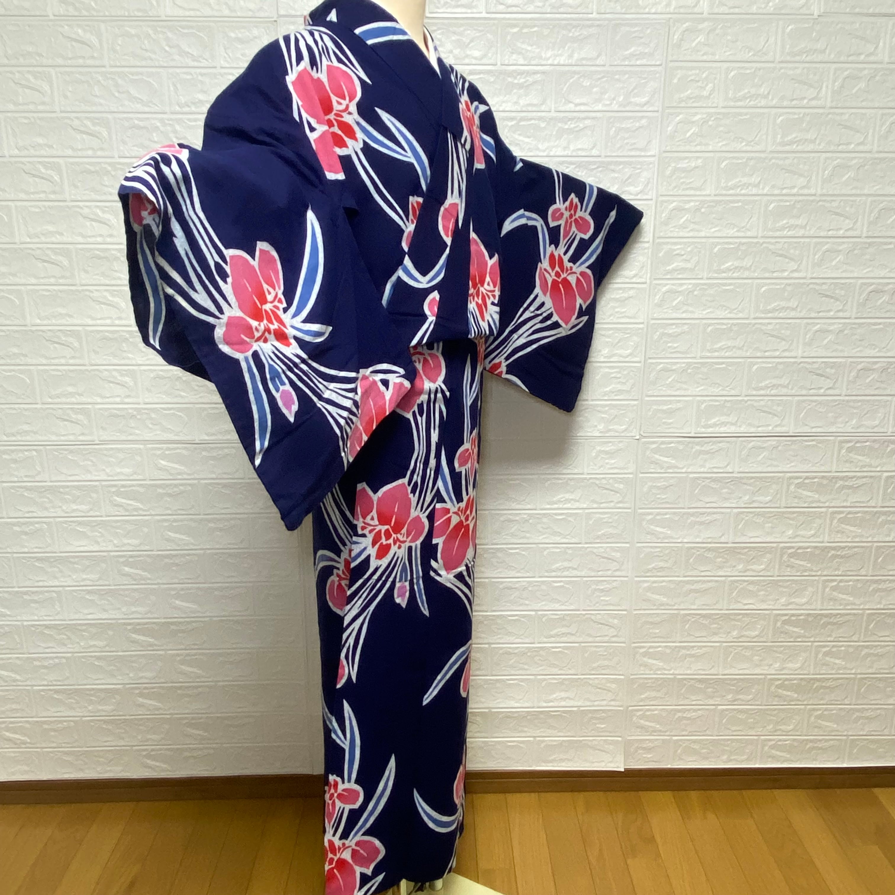レディース 浴衣 綿 菖蒲 紺色 華やか 昭和レトロ 祭り 盆踊り 花火