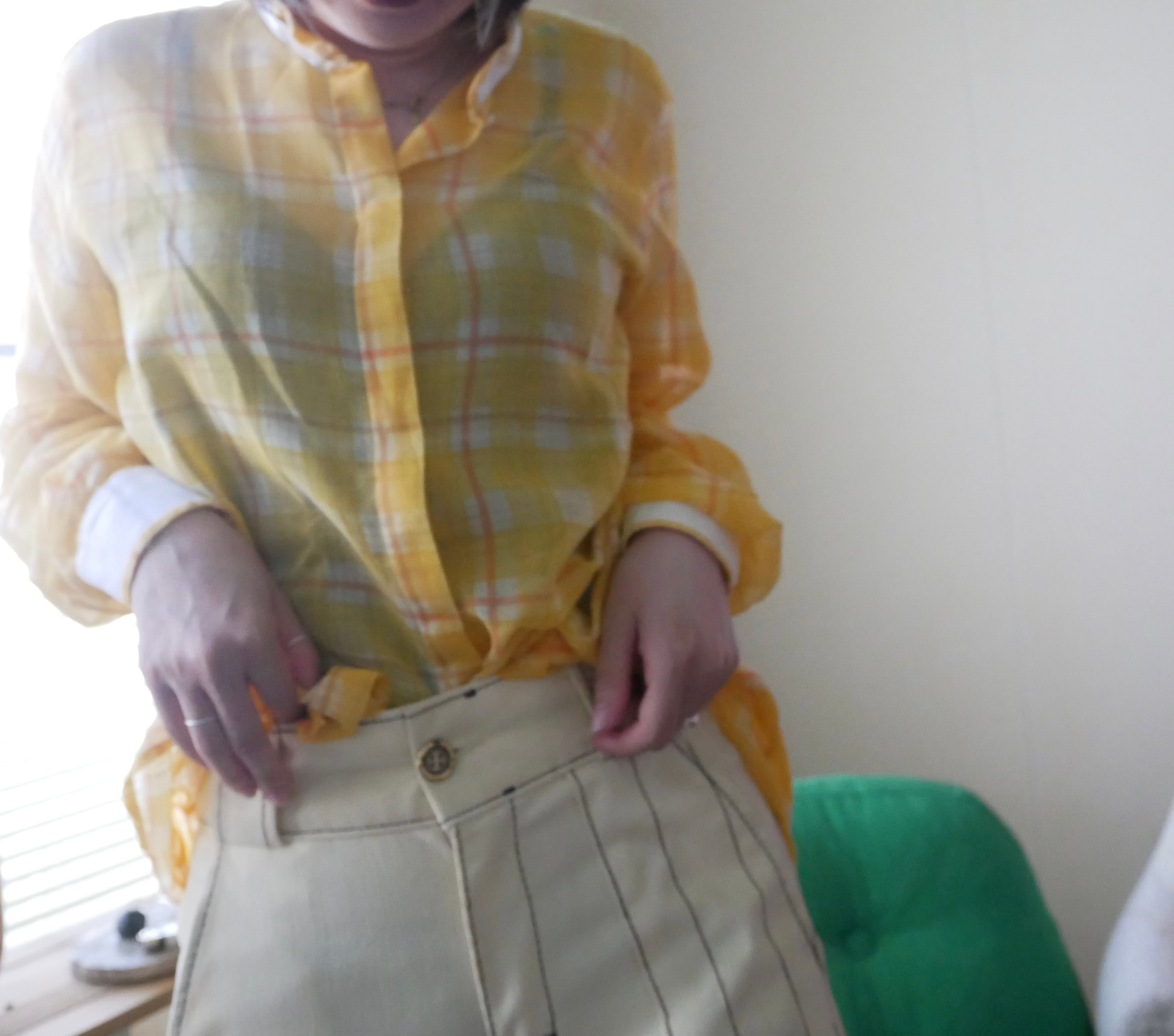 80s Vintage Sheer Plaid Stand Collar Shirt
