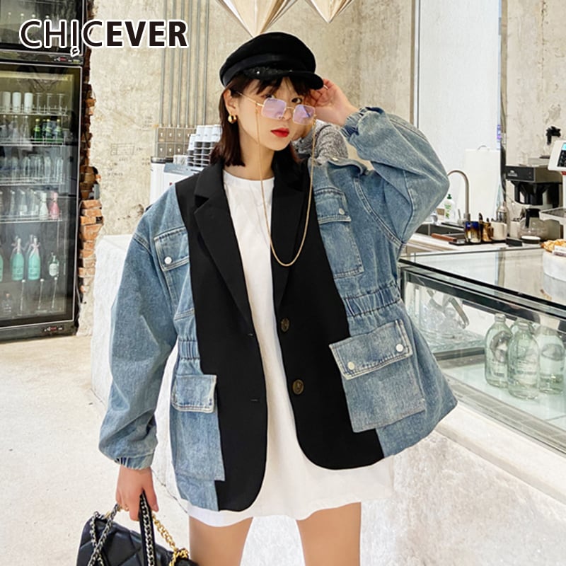 CHICEVERデニムパッチワークブレザーレディースノッチカラー長袖チュニックシャーリングヒットカラーヴィンテージコート2020春 ロング スプリング 春物 ビンテージ 6base542184488102