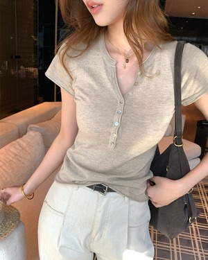 ボタンフロントキーネックニットソー 4color A0991