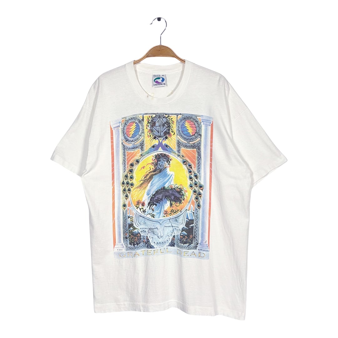 90s グレイトフルデッド USA製 ヴィンテージ Tシャツ スカル ロックT バンドT GRATEFUL DEAD ホワイト シングルステッチ リキッドブルー LIQUID BLUE サイズXL AA0046