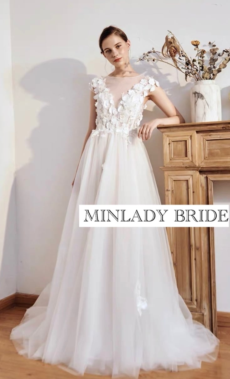 立体小花 Aライン オープンバック ウェディングドレス | MINLADY BRIDE