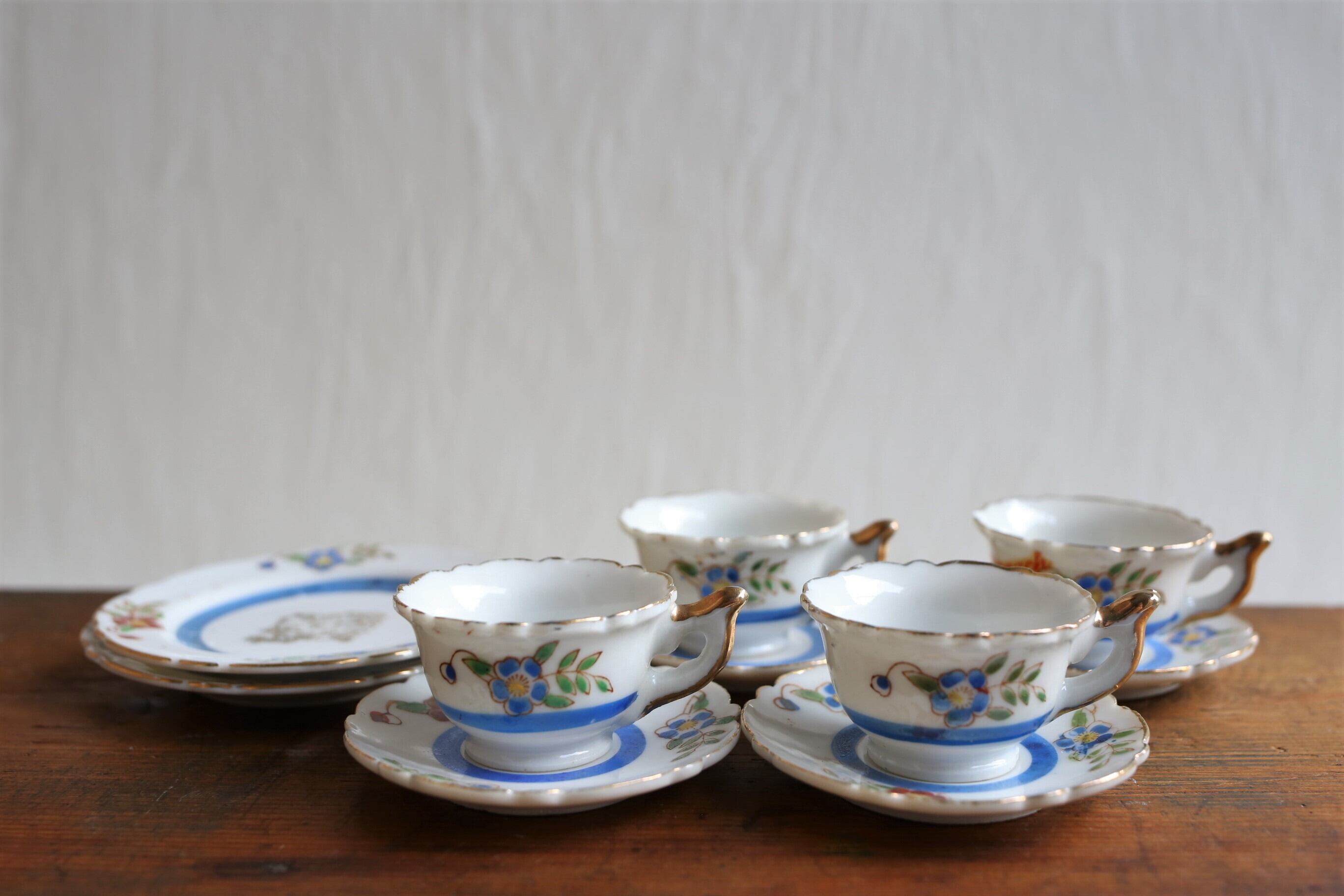 フランス アンティーク ヴィンテージ ドール dinette ままごと用 カップ&ソーサー+プレートセット(ブルー) N-02959b