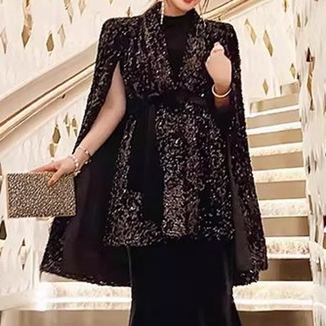 Belted Sequin Cape Jacket V3214