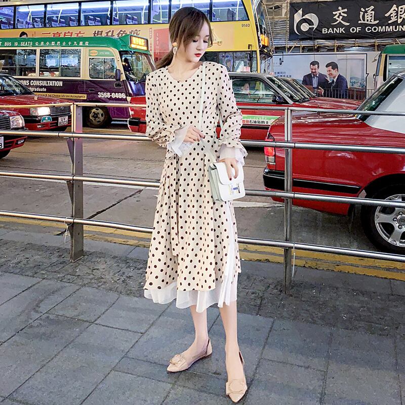 春新作 ワンピース 春 ワンピース 夏 ワンピース ロング ワンピース 大きいサイズ ワンピース レディース ロング丈 長袖 韓国 ワンピース 長袖 ロングワンピース 春夏 ワンピース ドット 水玉 レース きれいめ ガーリー リボン フリル Viento