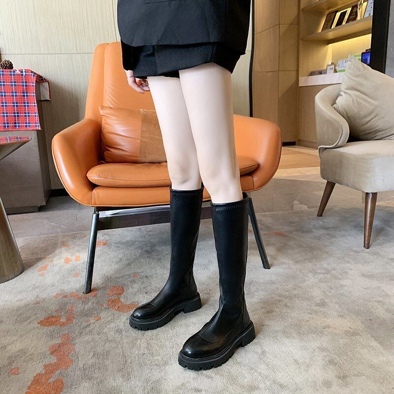 ロングブーツウィンタージッパーソリッド カラー薄手スキニー 靴 シューズ 冬物 ラウンドトー ソリッドカラー フェイクシューズ96955214478