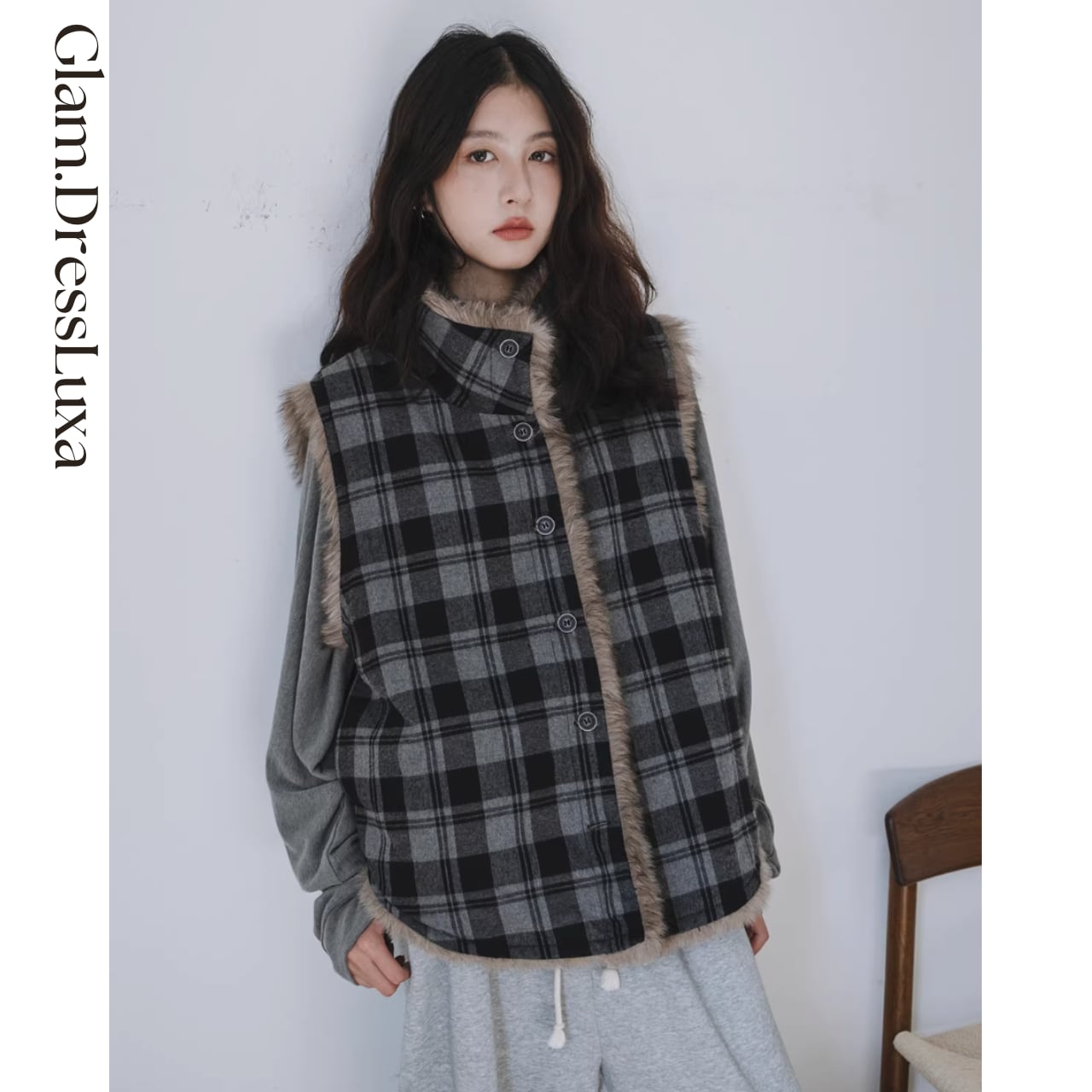 Reversible Fur Check ベスト_K06