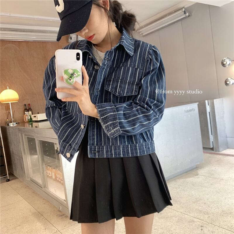 スタイルスタンダードストライプ薄手ジャケット スプリングオータムカジュアルショートトップス ロング レトロ 春物 秋物 モンロー4284928963