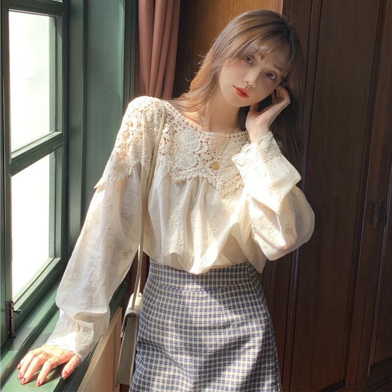 レースシャツ ルーズトップス スプリング ロング 大人ガーリー スウィート キュート カジュアル 春物 ステッチ 萌量不足86317841664