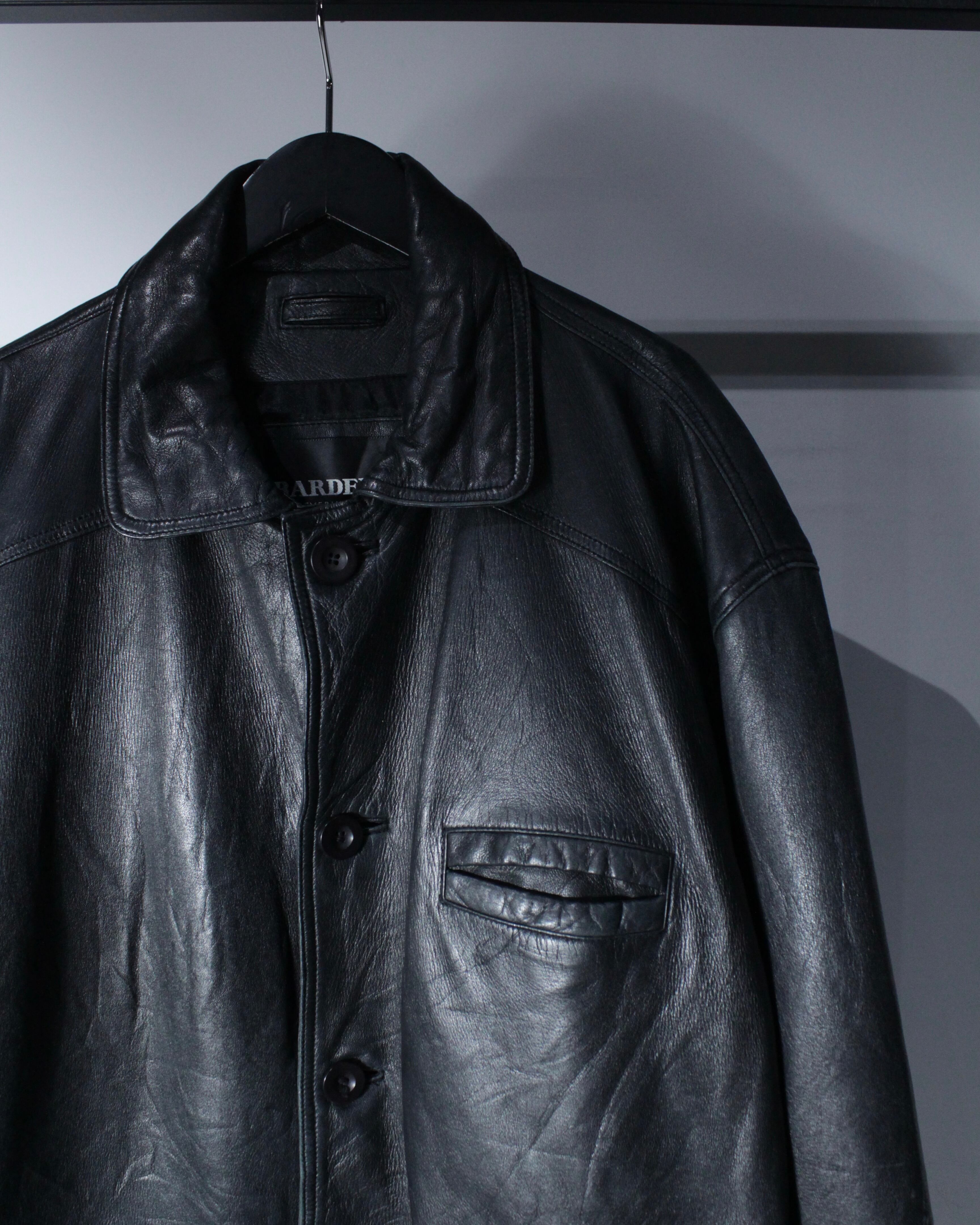 Caka BLACK】Pocket Gimmick Vintage Loose Leather Coverall Jacket