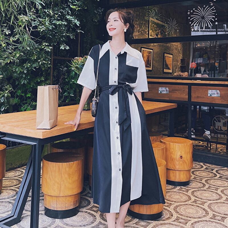 サブカル 服 地雷系 通販 夏 ワンピ 半袖 バイカラー ハイウエスト ロング丈 大人きれいめ 細見え カジュアル 大人 モードファッション