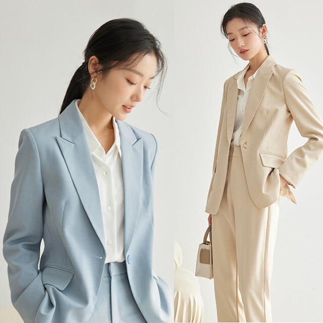 セットアップ レディース スーツ フォーマル リクルート 仕事着 オフィス スリム ハンサム こなれ感 おしゃれ シンプル ベーシック ジャケット イレギュラーヘム パンツ ブルー/ベージュ/ブラック 春秋 S/M/L/XL