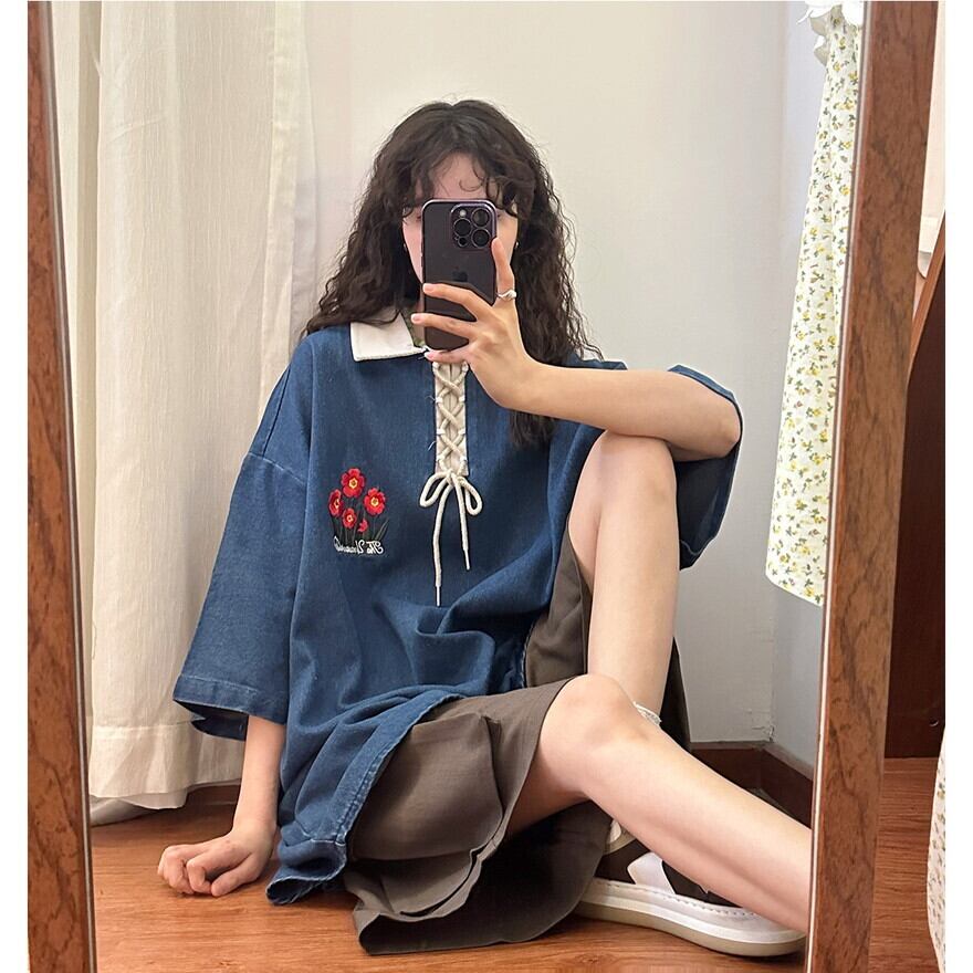 半袖シャツ 重ね着風 デニム さわやか アメリカン 夏 レトロ サブカル系 地雷 春夏服 アメリカン レトロ 花柄 刺繍 デニム