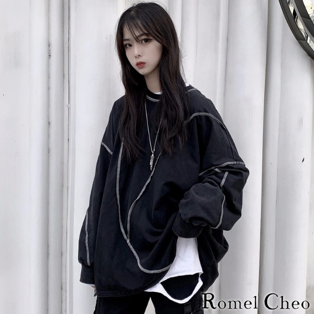 Romelcheo ステッチ 縫い目 トレーナー スウェット レディース ボーイフレンド ビッグシルエット オーバーサイズ カジュアル 原宿系 モード系 韓国 服 ファッション ルーズ ざっくり ゆったり モノクロ モノトーン 白 黒 ロメルチェオ Romelcheo
