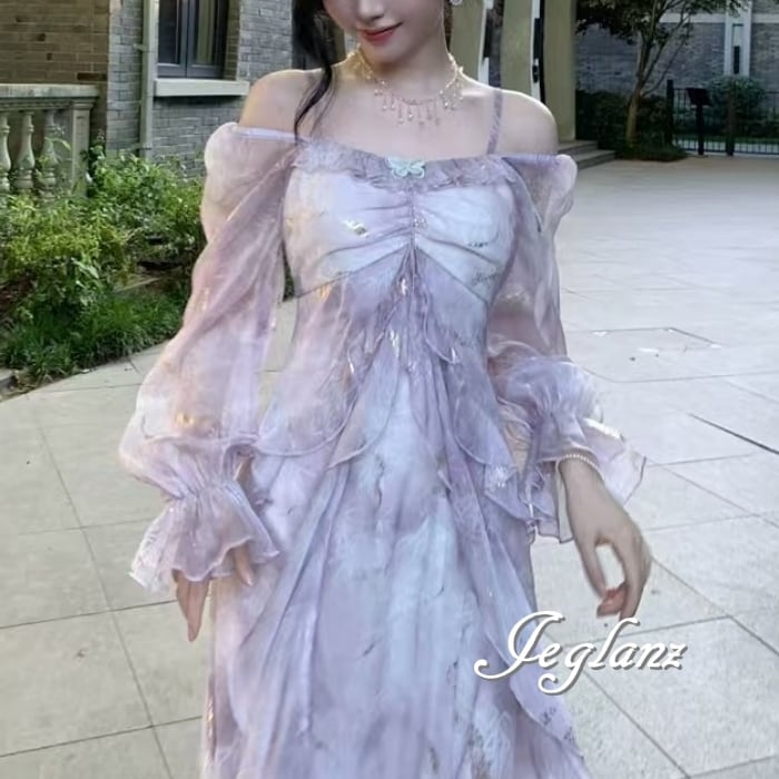 華やか ラッフルフリル ロング ドレス 蝶 2way ワンピース(MB433)ζ☆