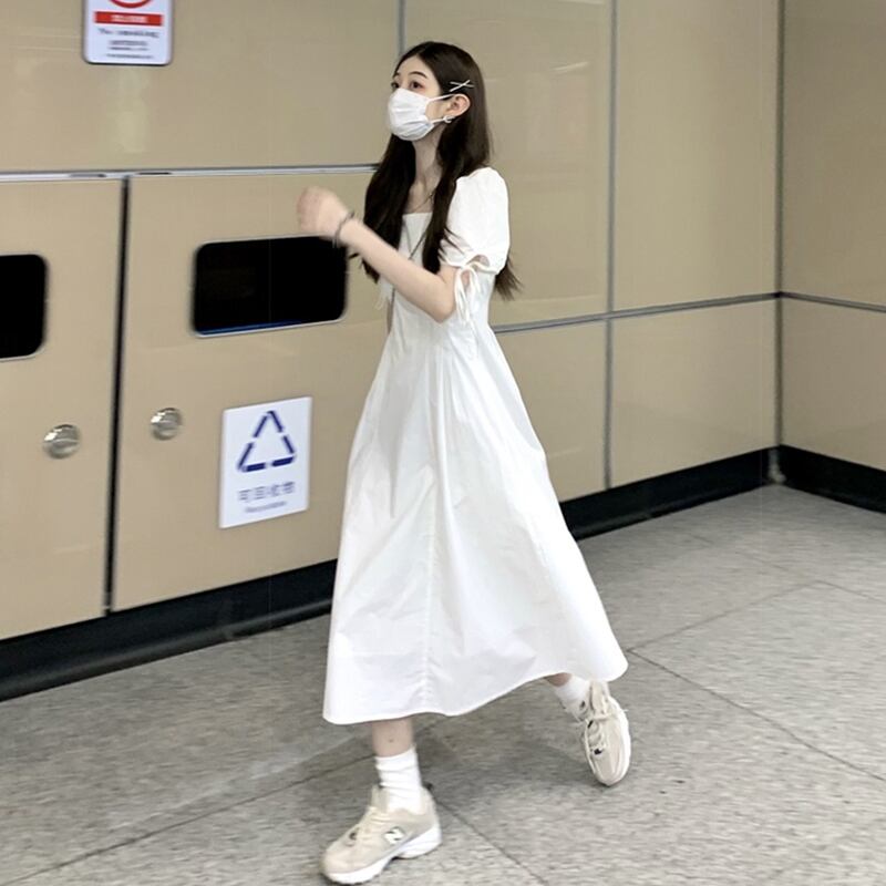 ホワイトスリーブドレス サマーロングスカート 夏物 フラワーデザイン スーパーモール48502244039