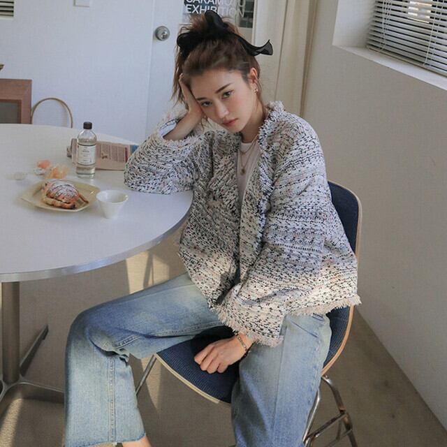 ジャケット ツイード 長袖 レディース おしゃれ 大人 かわいい お出かけ お呼ばれ 秋冬 上品 ブルー ピンク XS/S/M/L